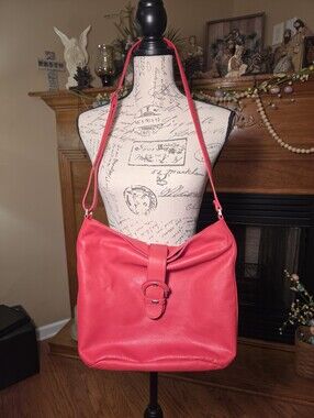 Bally Hobo Bag Red Leather With Distinctive Silver Tone Red Buckle